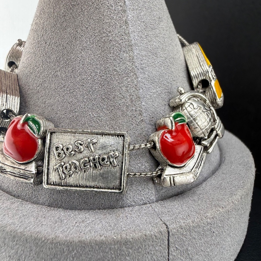 Teacher School Slide Charm Bracelet Silver Tone Enamel Bus Apple Books 7" - Picture 6 of 12